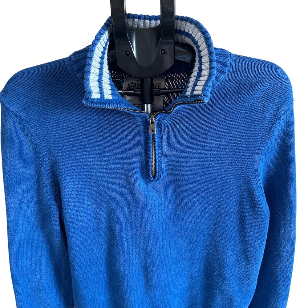 Aeropostale Mens Quarter Zip Mock Neck Pullover Sweater Blue Striped Collar Sz L